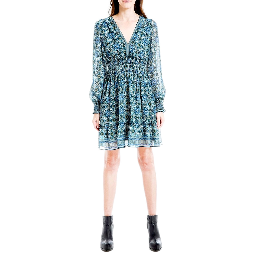 Max Studio Blue Green Printed Long Sleeve V-Neck Dress